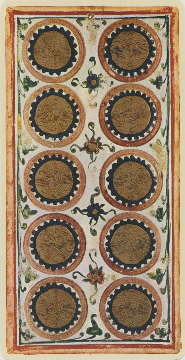 硬币十枚，来自&39;Visconti&39;牌组的塔罗牌的传真，1441-47 作者 博尼法西奥·本博
