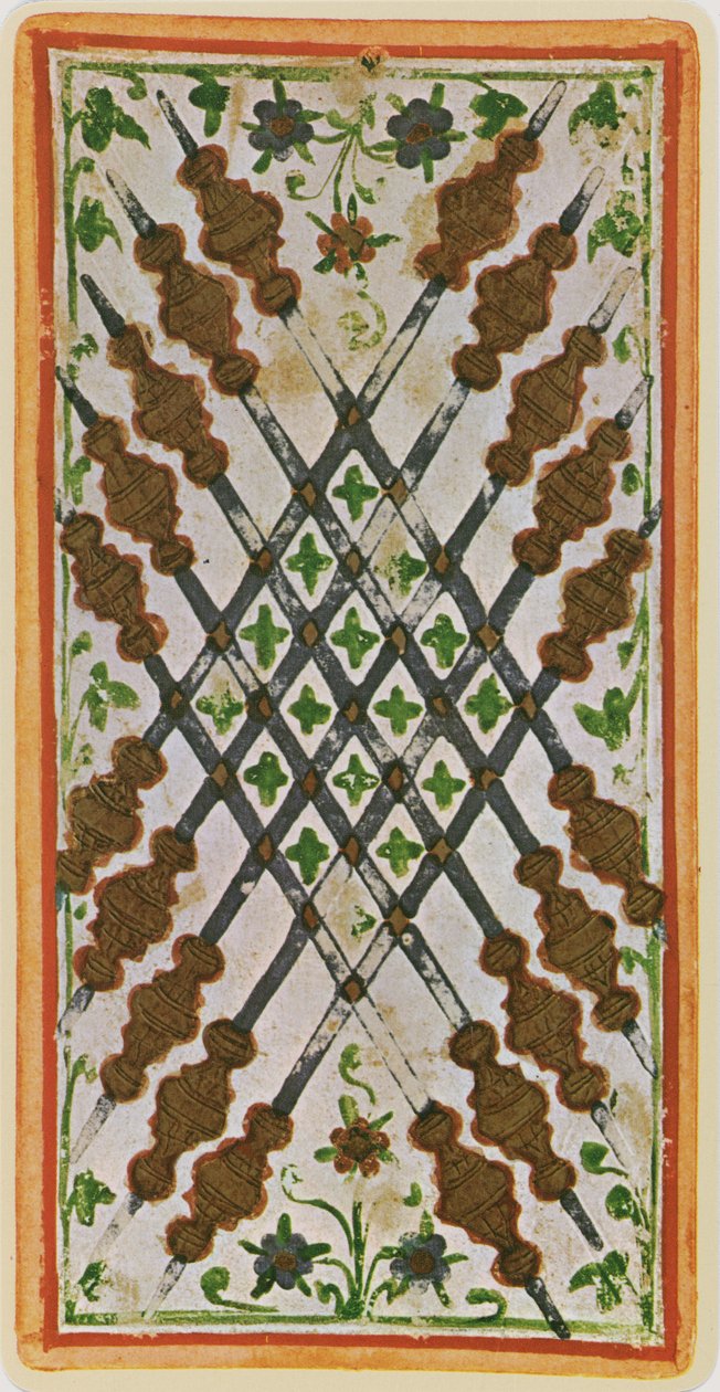 魔杖之十，来自&39;Visconti&39;牌组的塔罗牌的传真，1441-47 作者 博尼法西奥·本博