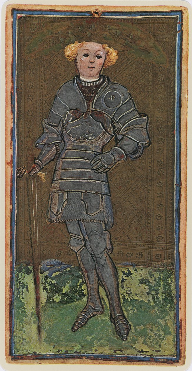 The Knave of Swords，来自&39;Visconti&39;甲板的塔罗牌的传真，1441-47 作者 博尼法西奥·本博