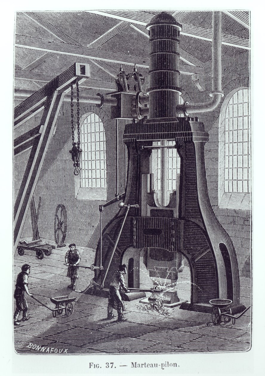 Le Creusot Power Hammer，关于工业机器的书的插图，c。 1880年（bw照片） 作者 邦纳富