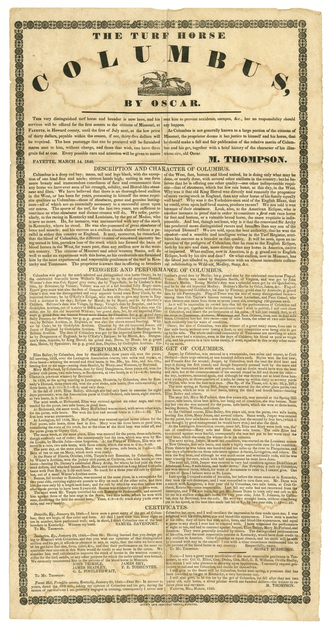 提供草皮马哥伦布，Fayette，Mo。，1840年3月14日的马驹海报 作者 恩赐民主党人