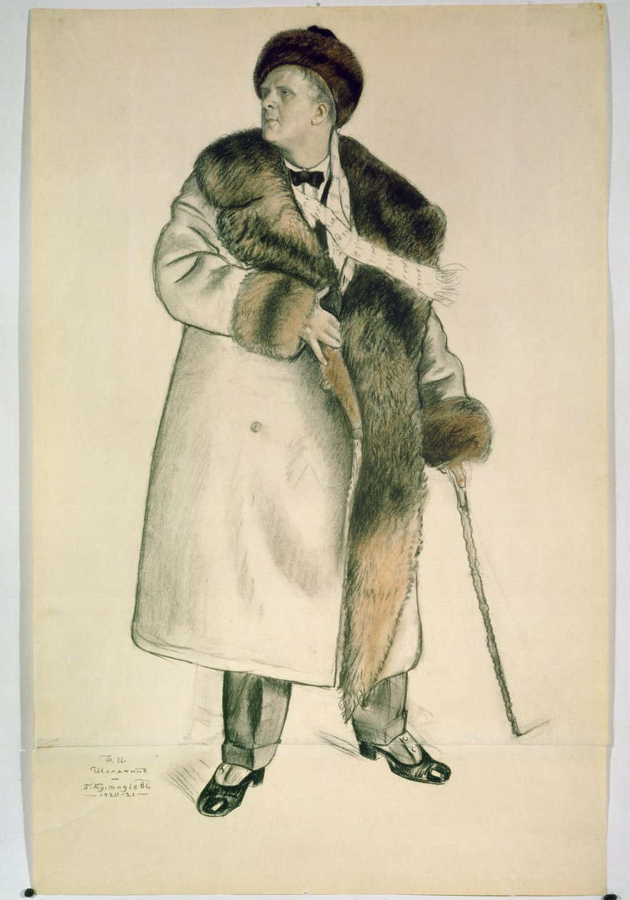歌剧歌手Feodor Ivanovich Chaliapin（1873-1938）1920-21（纸上的木炭和wc）的肖像 作者 鲍里斯·米哈伊洛维奇·库斯托季耶夫