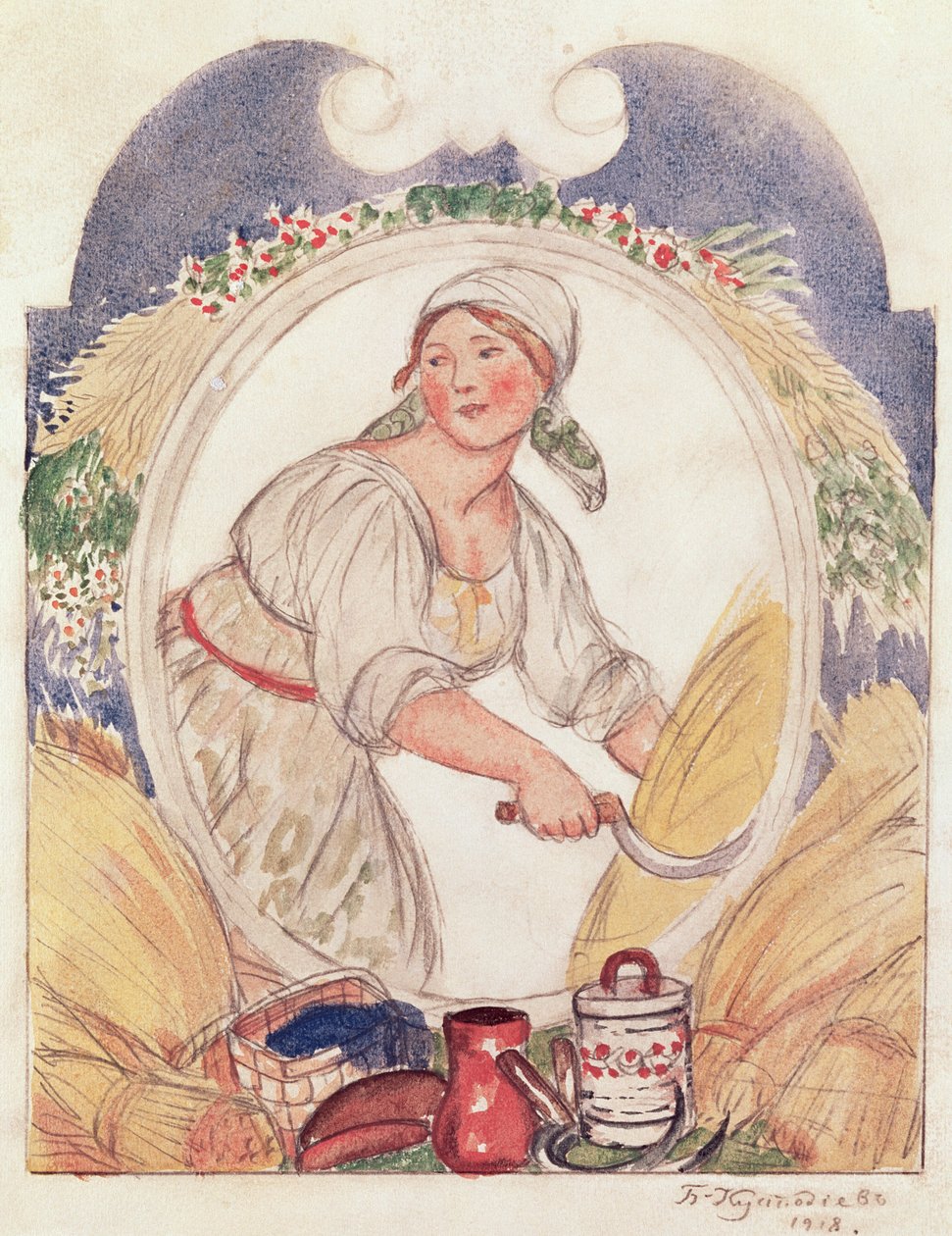 收割者，1918年在彼得格勒的Ruzheinaya（步枪）广场的装饰研究（铅笔和纸上的wc） 作者 鲍里斯·米哈伊洛维奇·库斯托季耶夫