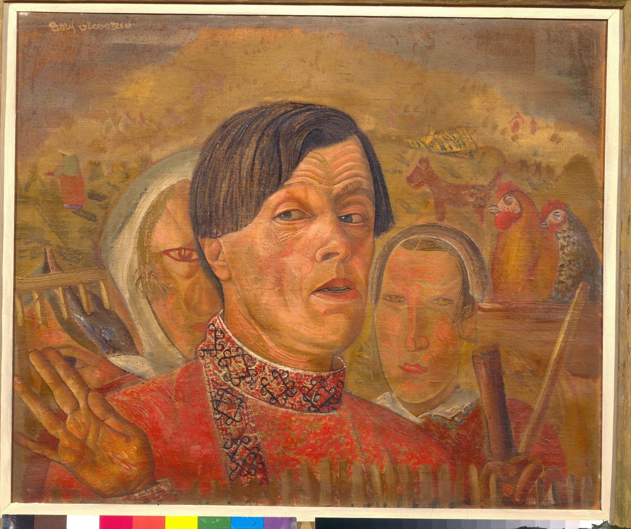 Autoportrait au coq et a la poule (与公鸡和母鸡的自画像) - Peinture de Boris Dmitrievich Grigoriev (1886-1939), vers 1924 - Huile sur toile - Dim : 60,4x73,5 cm - Collection privee 作者 鲍里斯·德米特里耶维奇·格里戈里耶夫