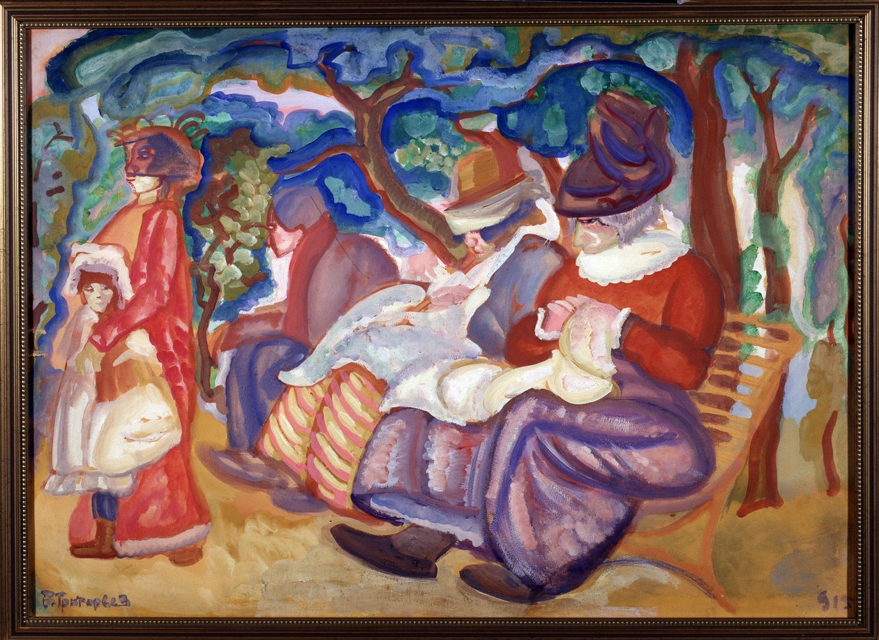 布洛涅森林中的护士》（Nannies in the Bois de Boulogne）。这是一幅怪诞的作品，描绘了坐在树前长椅上的妇女和男子非常痛苦，一个小女孩被她的护士拖走。鲍里斯-德米特里耶维奇-格里戈的作品 作者 鲍里斯·德米特里耶维奇·格里戈里耶夫