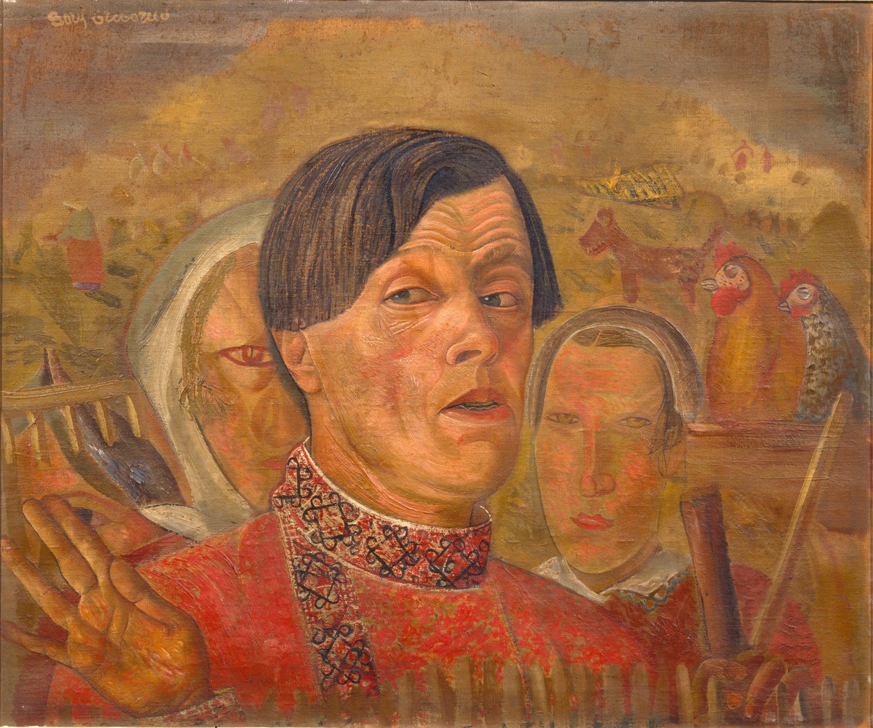 与公鸡和母鸡的自画像c。 1924年 作者 鲍里斯·德米特里耶维奇·格里戈里耶夫