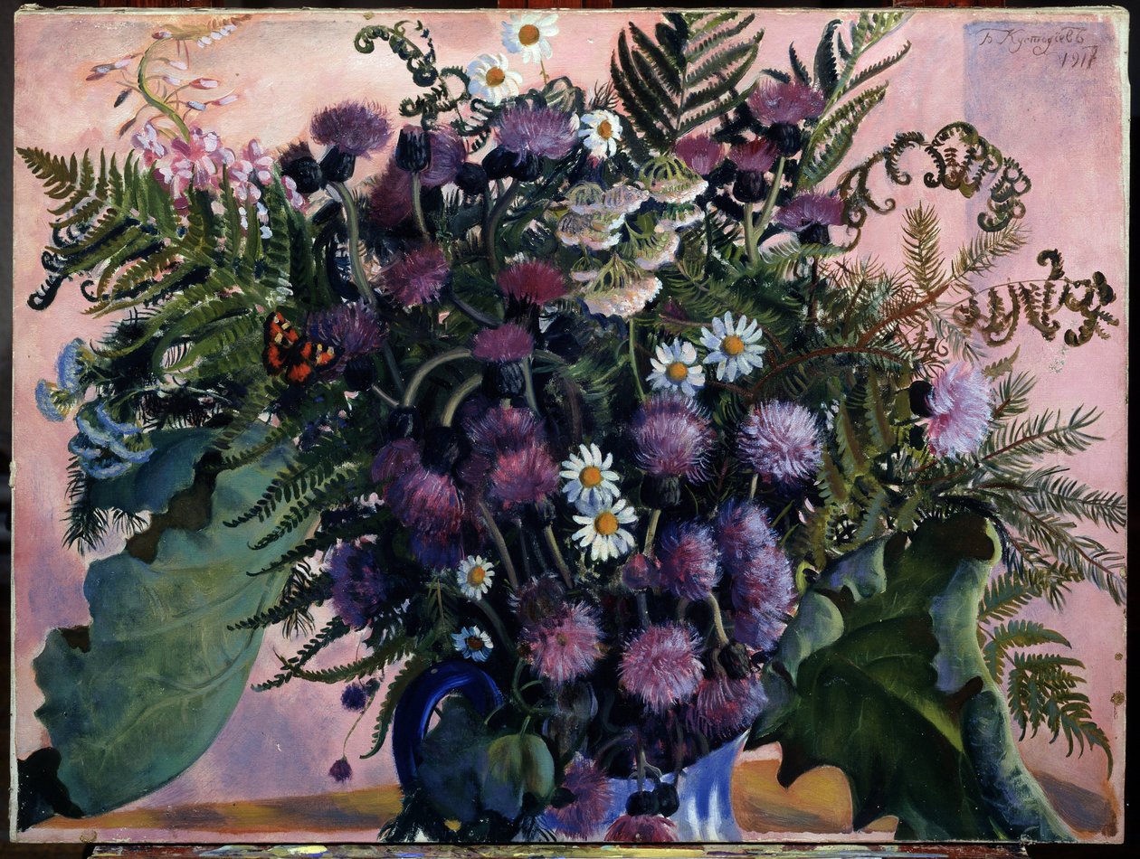 Bouquet de fleurs finlandaises.(芬兰花束）。鲍里斯-米哈伊洛维奇-库斯托季耶夫（Koustodiev）（1878-1927 年）的绘画，纸上水彩 作者 鲍里斯·米哈伊洛维奇·库斯托季耶夫