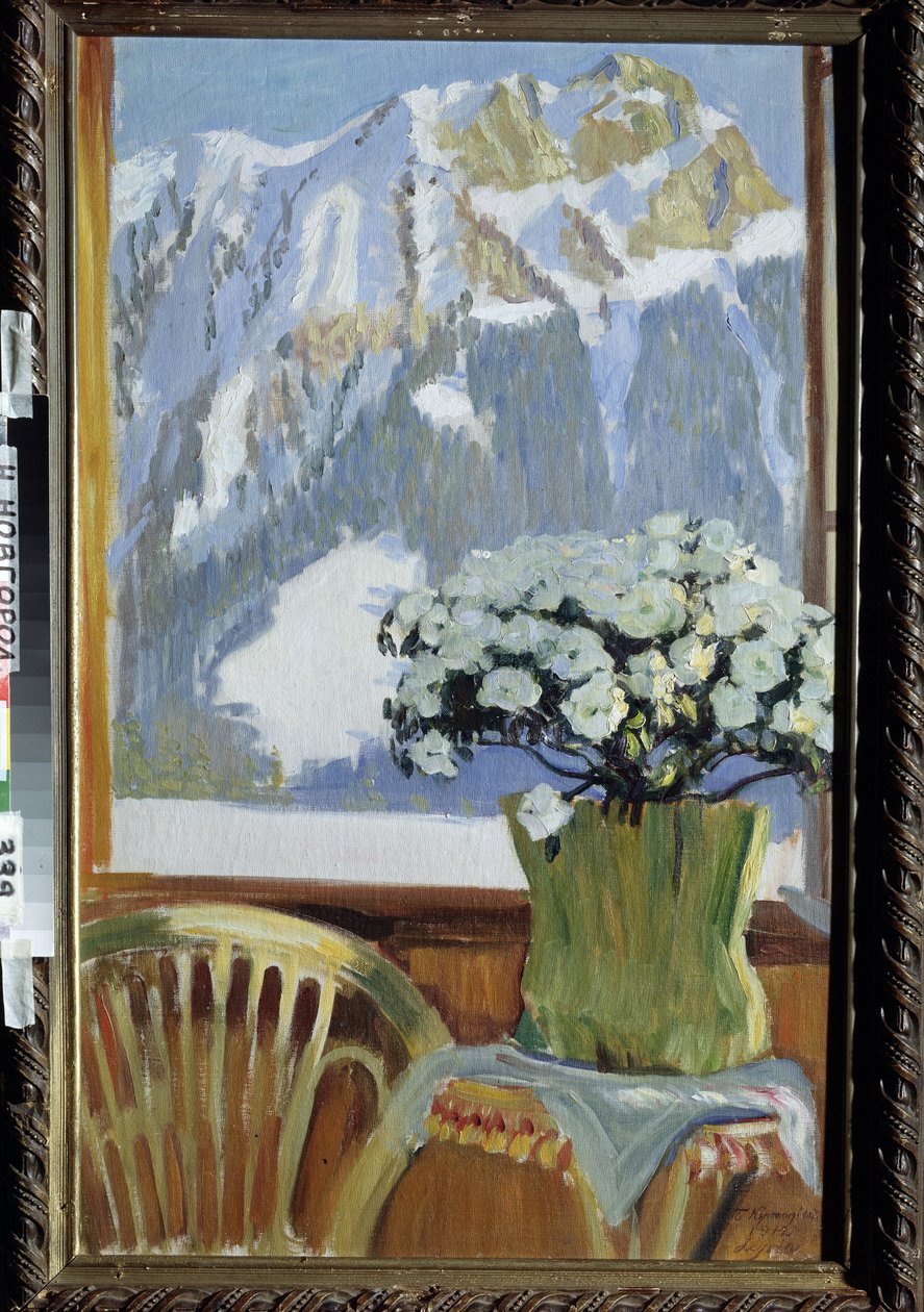 阳台上的花朵，远眺群山》（Fleurs sur le balcon, avec vue sur la montagne）。鲍里斯-米哈伊洛维奇-库斯托季耶夫（Koustodiev）（1878-1927 年）的绘画，纸上水彩 作者 鲍里斯·米哈伊洛维奇·库斯托季耶夫