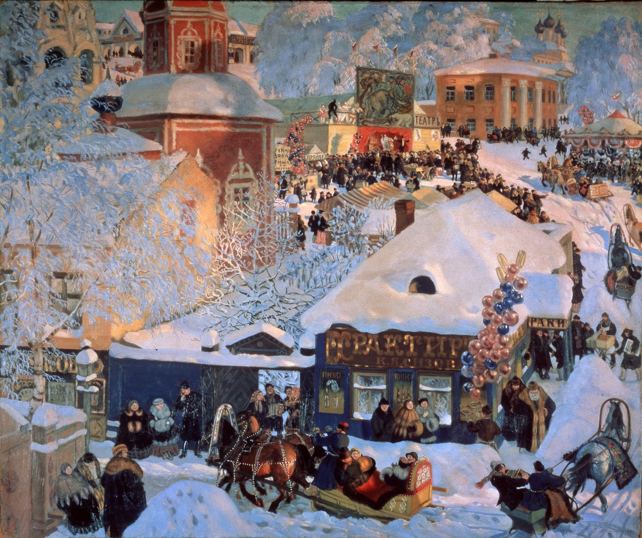 冬季，狂欢节（Winter, Schrovetide）。在一个外省小镇的雪地街道上举行传统节日活动。除了对小镇的建筑、成串的气球、鬃毛、酒馆门面和马拉雪橇的描述外，还有对节日庆典的描述。 作者 鲍里斯·米哈伊洛维奇·库斯托季耶夫