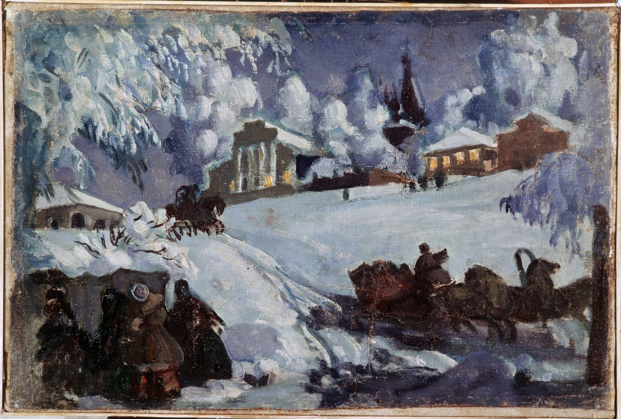 冬天，骑雪橇。Boris Michaylovich Kustodiev（库斯托季耶夫）（1878-1927 年）的画作，布面油画，约 1920 年。俄罗斯艺术，20 世纪初。私人收藏。 作者 鲍里斯·米哈伊洛维奇·库斯托季耶夫