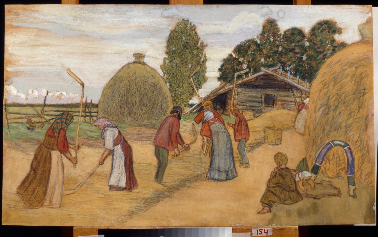 Threshing Floor - Boris Michaylovich Kustodiev（库斯托季耶夫）（1878-1927 年）的作品，纸板上的粉彩，59x100 厘米 作者 鲍里斯·米哈伊洛维奇·库斯托季耶夫