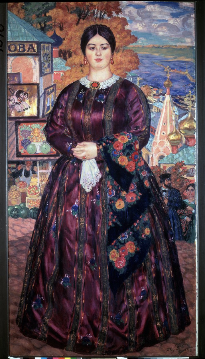 女商人这是一幅全身肖像画，画中女子身着富丽堂皇的碎花连衣裙，佩戴胸针、戒指和耳环，站在一家果蔬店的彩绘橱窗前。鲍里斯-米哈伊洛维奇-库斯托季耶夫（库斯托季 作者 鲍里斯·米哈伊洛维奇·库斯托季耶夫