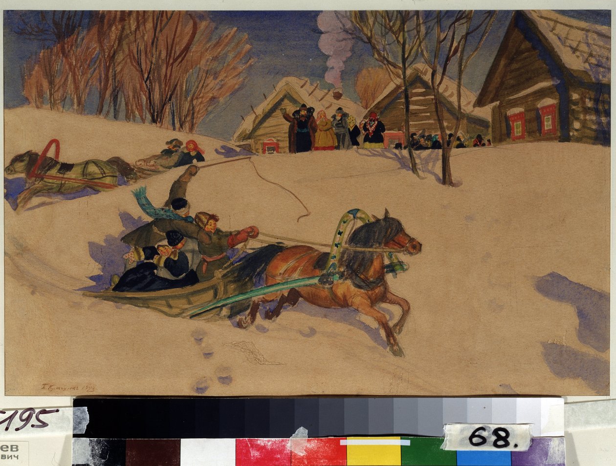狂欢节（Shrovetide）。精神焕发的孩子们坐着马拉的雪橇，穿过雪地，经过木屋村。大人们聚集在一起迎接他们。鲍里斯-米哈伊洛维奇-库斯托季耶夫（Koustodiev）（1878-1927 年）的作品，水彩画 作者 鲍里斯·米哈伊洛维奇·库斯托季耶夫