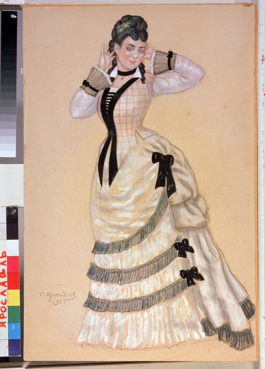 Projet de costume feminin pour la piece de theatre Loup et Brebis de Alexandre Ostrovski (1823-1886)（为 A. Ostrovsky 的戏剧作品《狼与羊》设计服装）。Oeuvre de Boris Michaylovich Kustodiev (Koustodiev) (1878-1927), aquarelle sur cart 作者 鲍里斯·米哈伊洛维奇·库斯托季耶夫