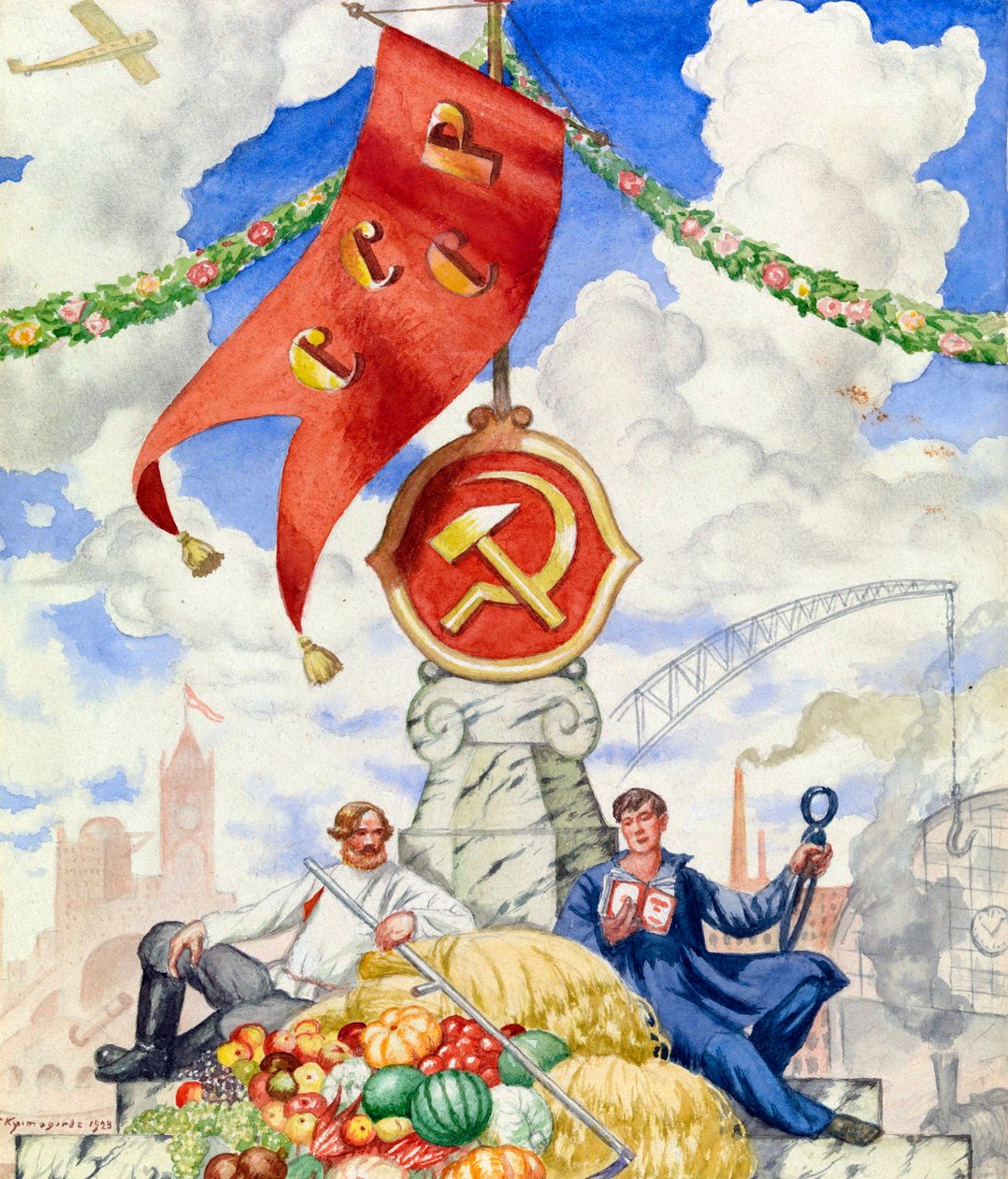 "工人和农民在共产主义旗帜下团结起来" Boris Michaylovich Kustodiev（1878-1927 年）创作的宣传海报 1923 年 Dim 27x23 厘米 私人收藏 作者 鲍里斯·米哈伊洛维奇·库斯托季耶夫