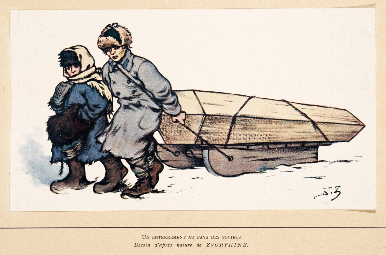 俄罗斯的葬礼，来自《苏维埃历史》（Histoire des Soviets）出版社。1922年（彩色平版印刷）。 作者 鲍里斯·瓦西里耶维奇·兹沃里金