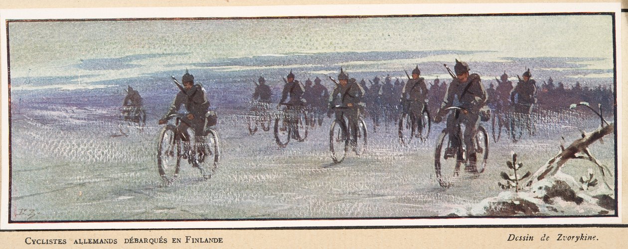抵达芬兰的德国自行车手；来自《苏联史》，出版。1922年（彩色平版印刷）。 作者 鲍里斯·瓦西里耶维奇·兹沃里金