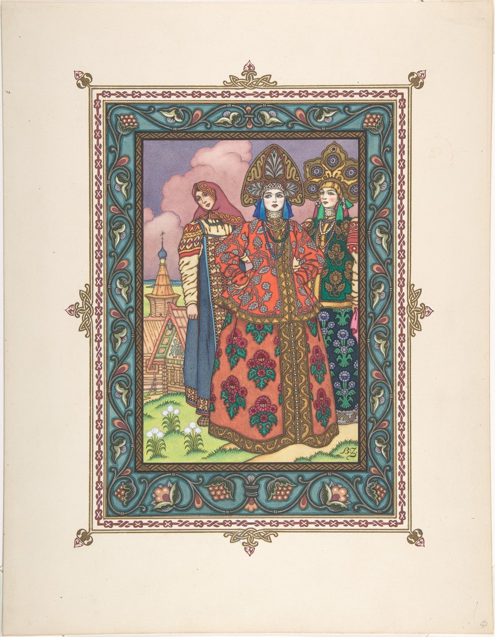 童话故事《美丽的瓦西里萨》的插图，c。 1925年 作者 鲍里斯·瓦西里耶维奇·兹沃里金