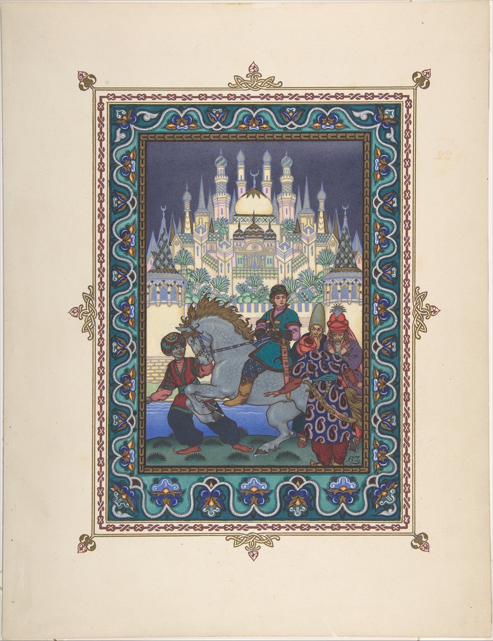 伊万·萨里维奇（Ivan Tsarevich），火鸟和灰太狼的童话插图，c。 1925年 作者 鲍里斯·瓦西里耶维奇·兹沃里金
