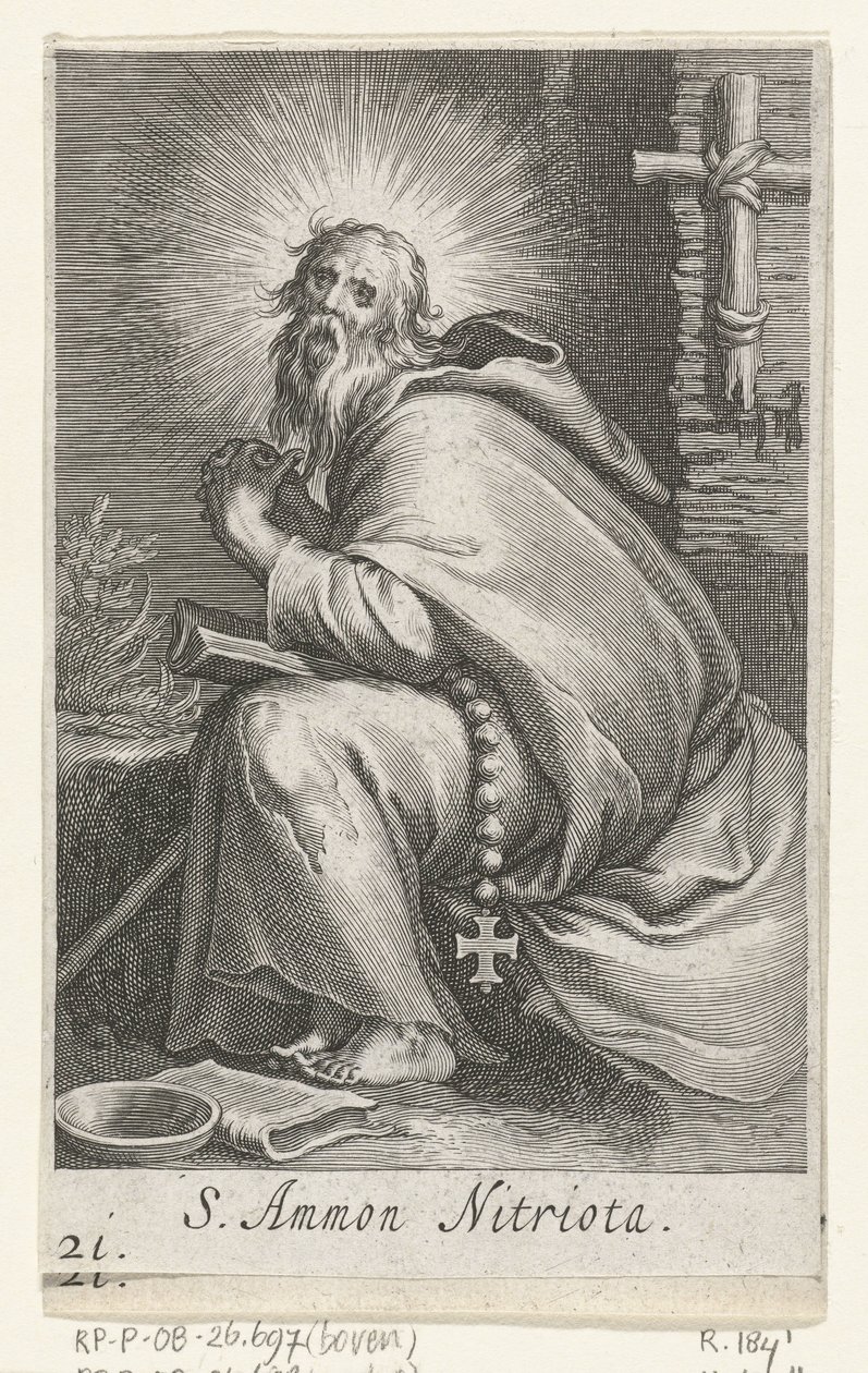 圣阿蒙尼大帝作为隐士 S. Ammon Nitriota（物体上的标题） 隐士（系列名） Sacra eremvs ascetarvm（系列标题） 作者 博埃蒂乌斯·亚当斯。 bol值