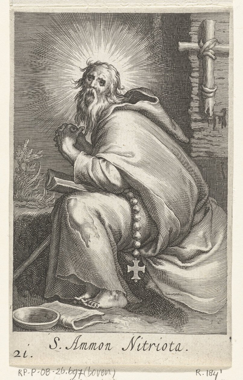 圣阿蒙尼大帝作为隐士 S. Ammon Nitriota（物体上的标题） 隐士（系列名） Sacra eremvs ascetarvm（系列标题） 作者 博埃蒂乌斯·亚当斯。 bol值
