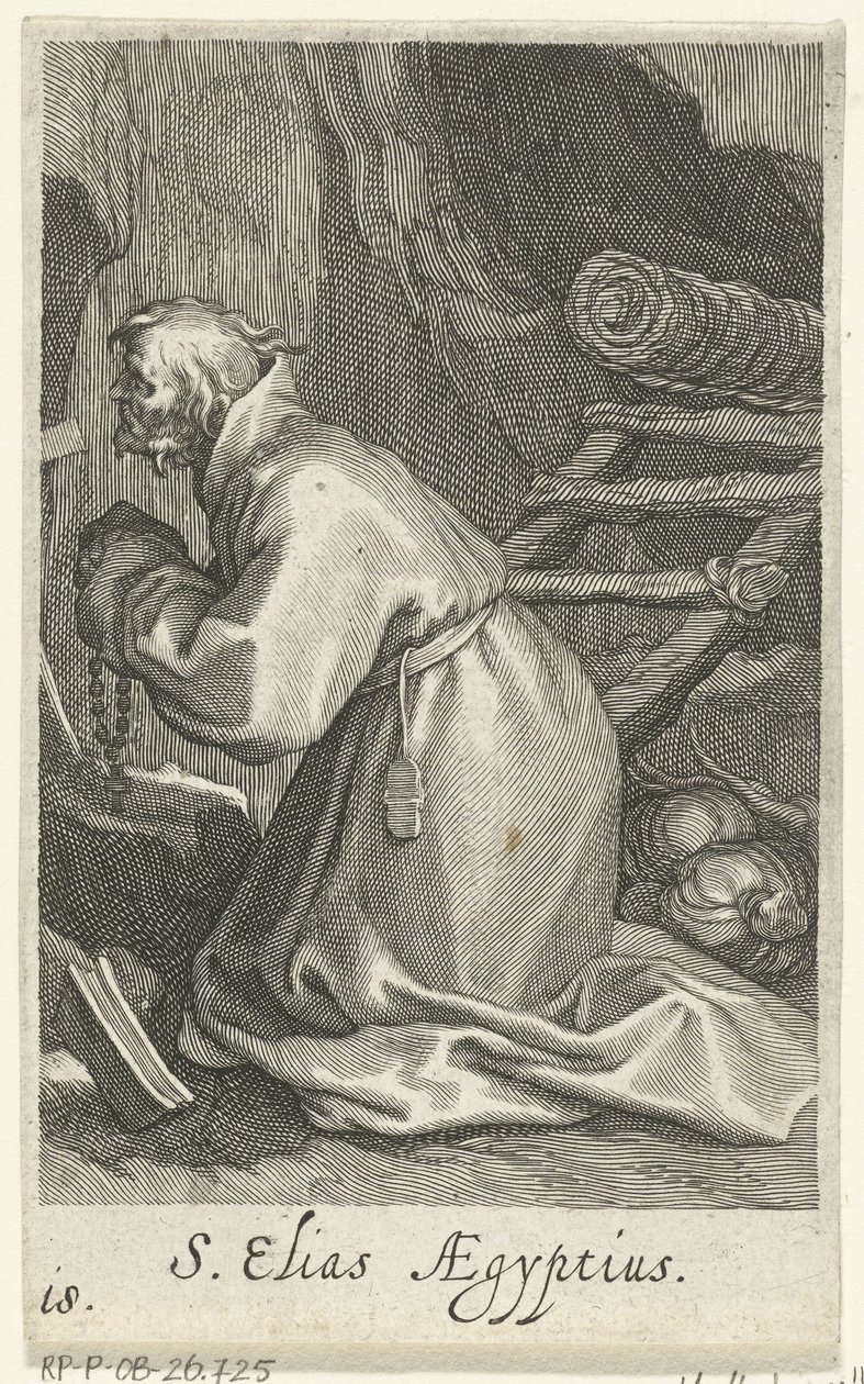 凯撒利亚的圣埃利亚斯作为隐士 S. Elias Aegyptius（物体上的标题） 隐士（系列名） Sacra eremvs ascetarvm（系列标题） 作者 博埃蒂乌斯·亚当斯。 bol值