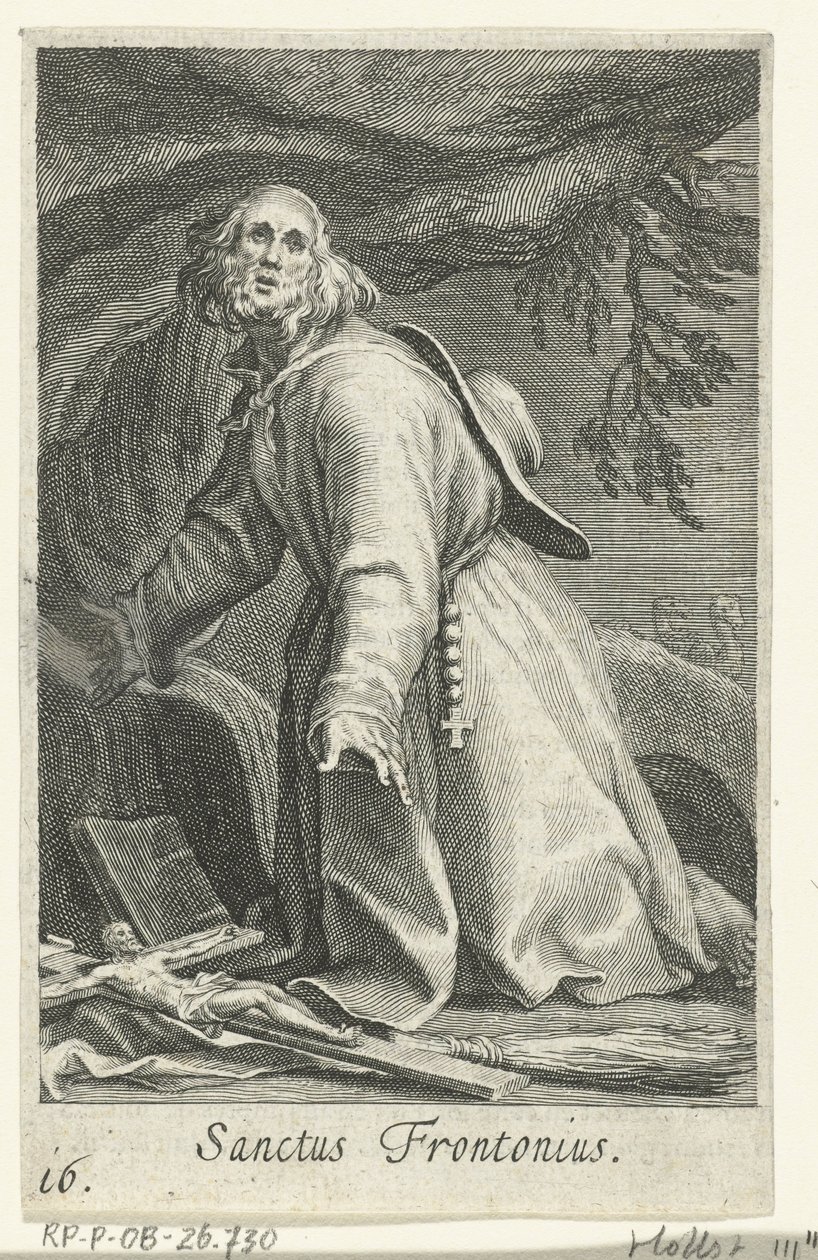 埃及的圣弗龙托尼乌斯 (Saint Frontonius) 作为隐士 Sanctus Frontonius（物体上的标题） 隐士（系列名） Sacra eremvs ascetarvm（系列标题） 作者 博埃蒂乌斯·亚当斯。 bol值