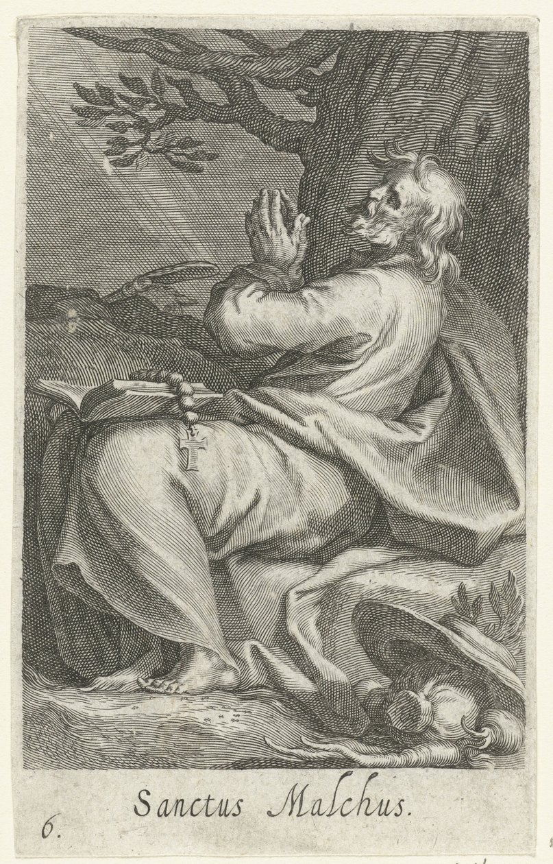 哈尔基斯的圣马尔库斯作为隐士 Sanctus Malchus（物体上的标题） 隐士（系列名） Sacra eremvs ascetarvm（系列标题） 作者 博埃蒂乌斯·亚当斯。 bol值