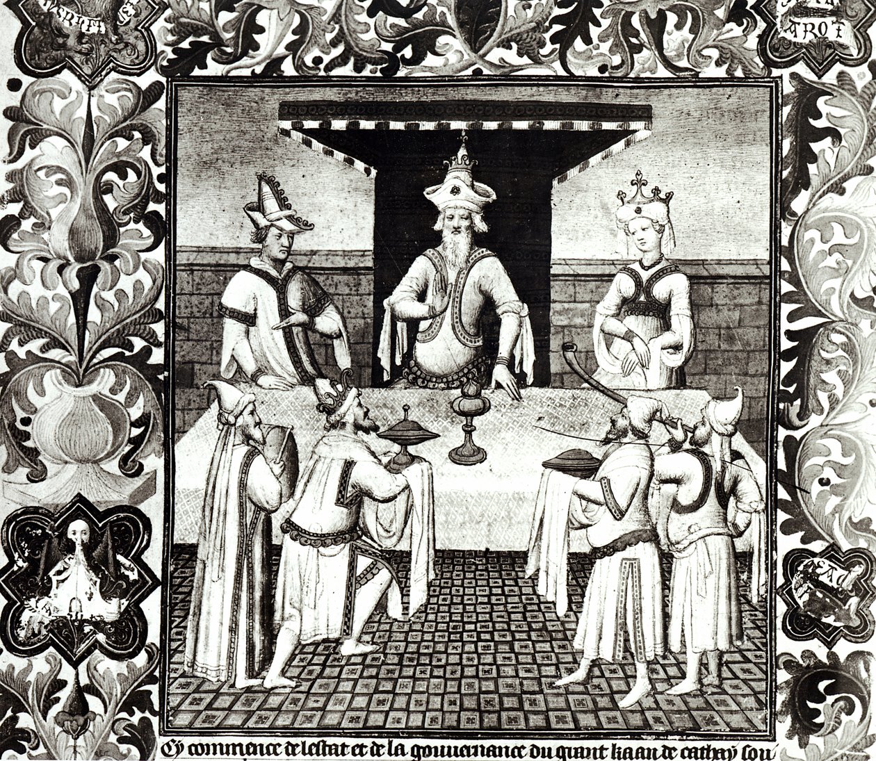 2810 f.136v女士，大汗的盛宴，来自“世界的奇迹”，c.1410-12（牛皮纸上的蛋彩画）（另见167306） 作者 布考大师