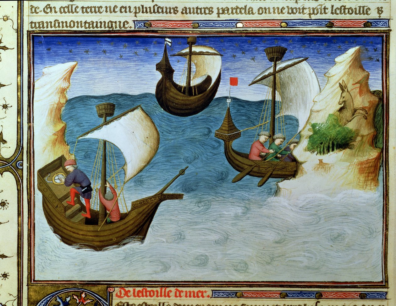 Ms 2810 f.188女士，导航员在印度洋使用星盘，来自&39;Livre des Merveilles du Monde&39;，c.1410-12（牛皮纸上的蛋彩画） 作者 布考大师