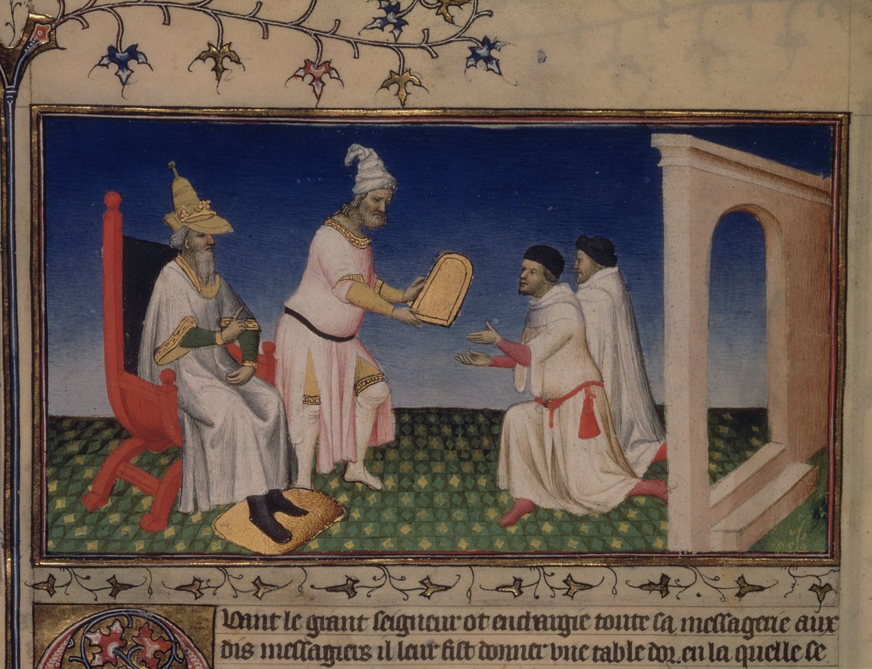 2810年3月30日，Kublai Khan女士向Nicking和Marco Polo提供了安全行为，并于1292年以“Le Livre des Merveilles”（C 1410-12）（在牛皮纸上的蛋彩画）给Cambaluc的Polos打上了金色印章。 作者 布考大师