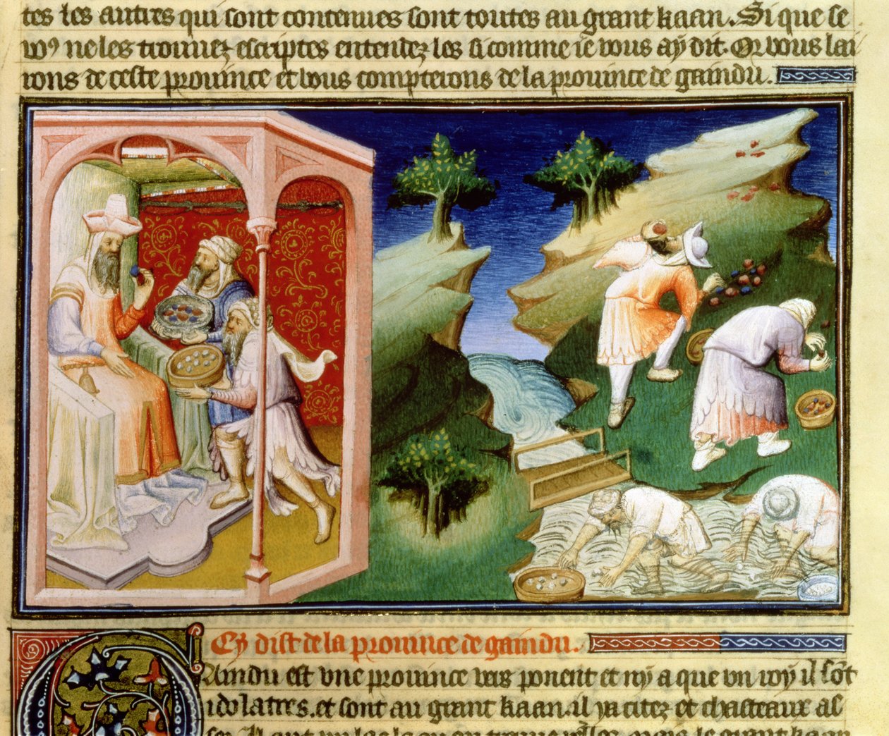 女士2810 f.54，在Gaindu省钓鱼珍珠和收集绿松石，来自&39;Livre des Merveilles du Monde&39;，c.1410-12（牛皮纸上的蛋彩画） 作者 布考大师