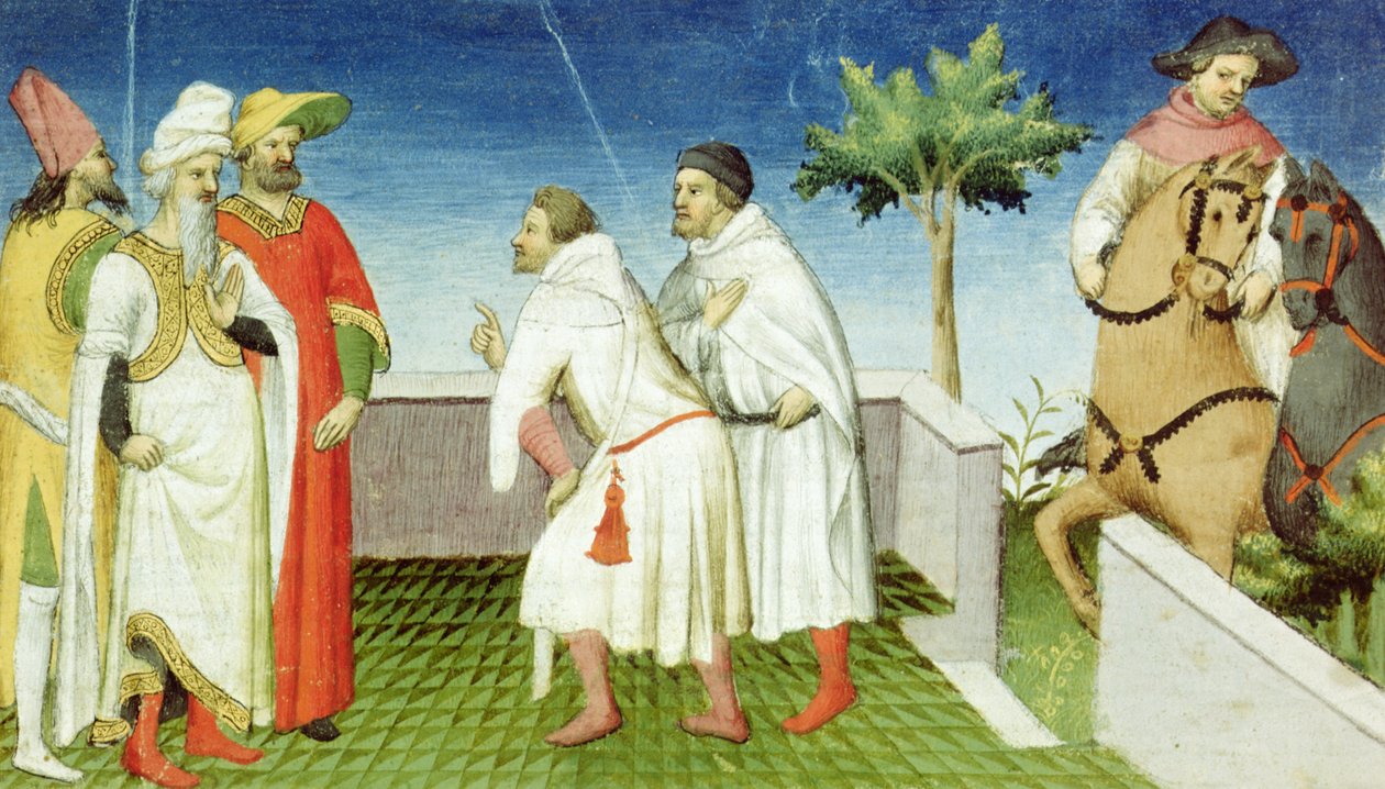 Ms 2810 f.6，Nicolo，Marco和Matteo Polo离开大汗，世界奇迹，c.1410-12（牛皮纸上的蛋彩画） 作者 布考大师