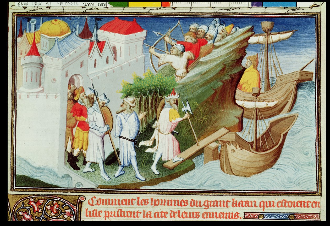 Ms 2810 f.72，Great Khan的士兵从&39;Livre des Merveilles du Monde&39;，14-14-12（在牛皮纸上的蛋彩画）上占据Sypangu岛（另见220421） 作者 布考大师