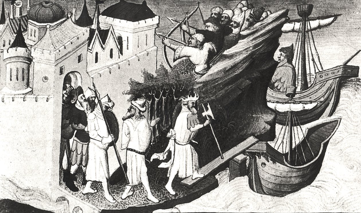 Ms 2810 f.72，伟大的可汗士兵从Lpre des Merveilles du Monde，14-14-12（在牛皮纸上的蛋彩画）上带着Sypangu岛（参见176644） 作者 布考大师