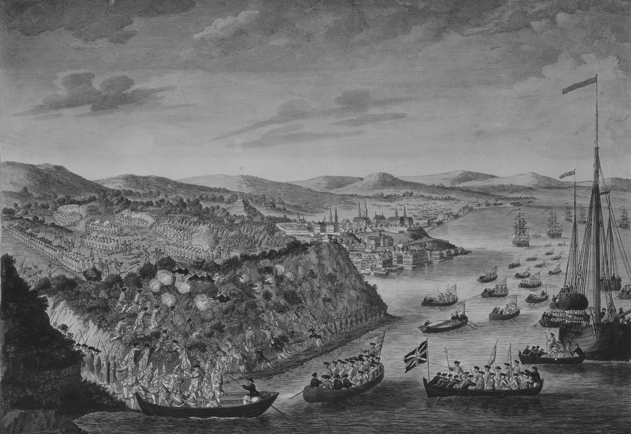 1759年9月13日攻占魁北克的景色，约1760年。 作者 鲍尔斯和卡佛