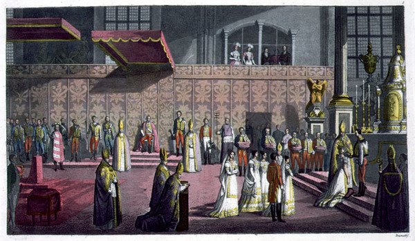 匈牙利主教在匈牙利Westprim的Collegiate教堂为王后加冕，板块5来自Jules Ferrario的《Le Costume Ancien et Moderne》，约19世纪20-30年代出版（彩色平版印刷）。 作者 布拉马蒂 布拉马蒂