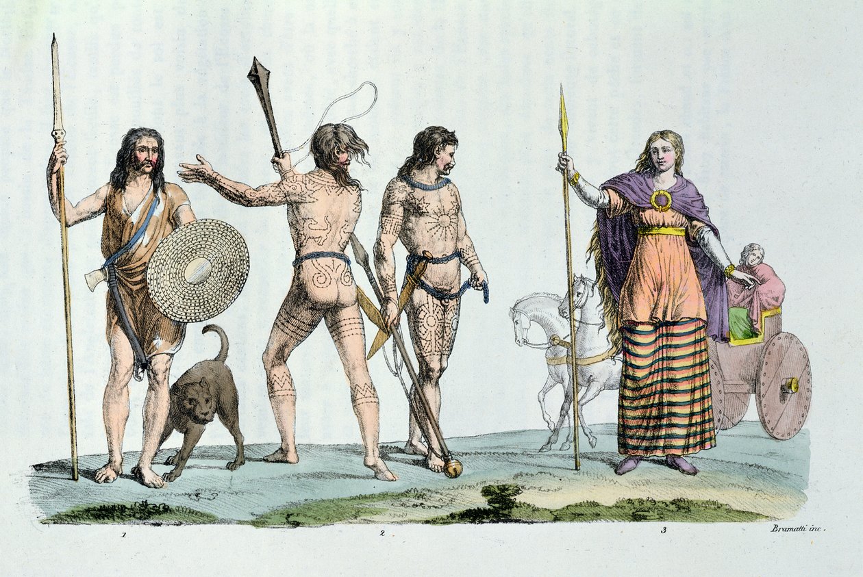 朱利叶斯·凯撒时代的凯尔特人，来自Jules Ferrario的“Le Costume Ancien ou Moderne”的插图，1820年左右在米兰出版（彩色版画） 作者 G.和Raineri Bramatti