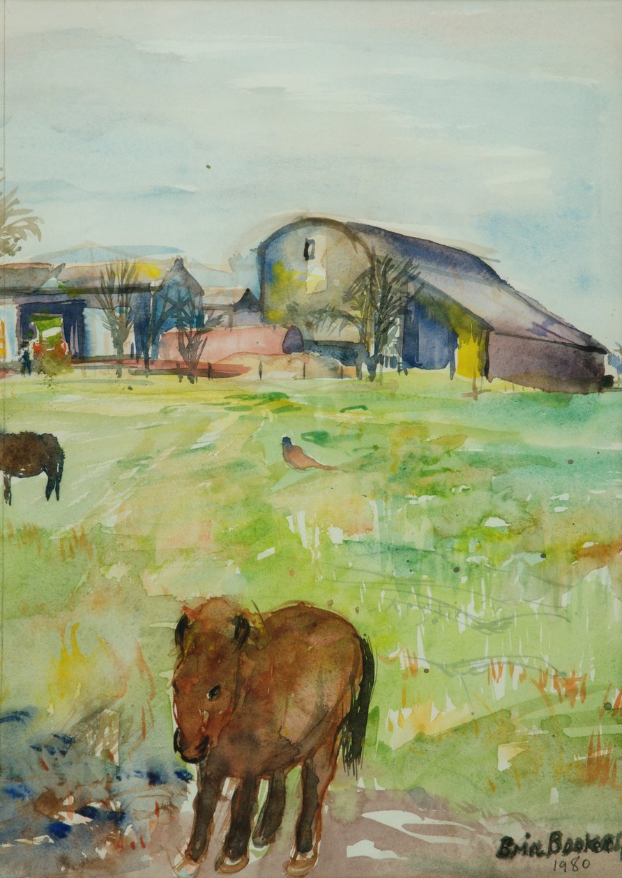 小马在农场草甸，东格林，1980年（纸上wc） 作者 布伦达·布林·布克