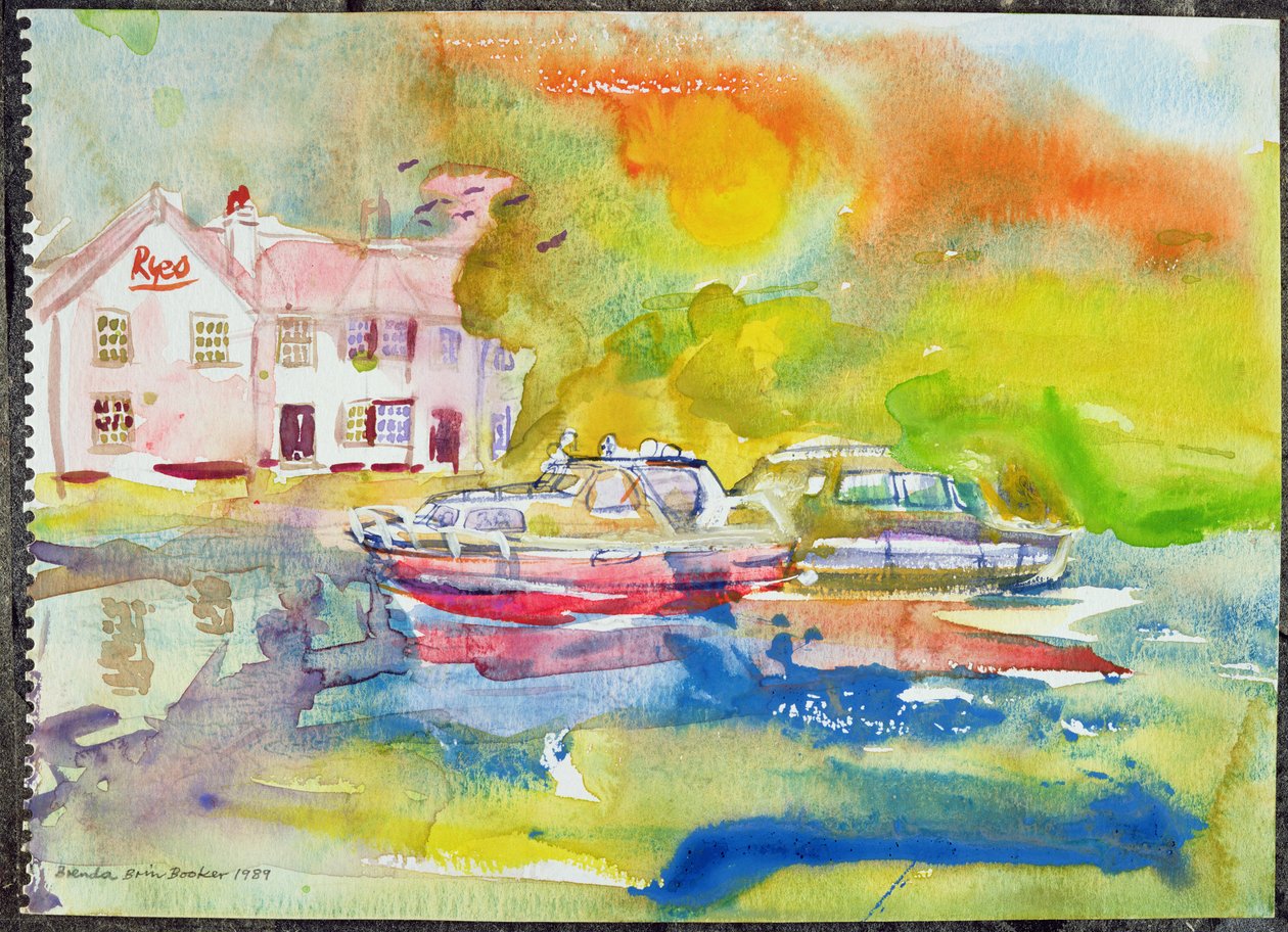 Riverside Pub with boat（wc on paper） 作者 布伦达·布林·布克
