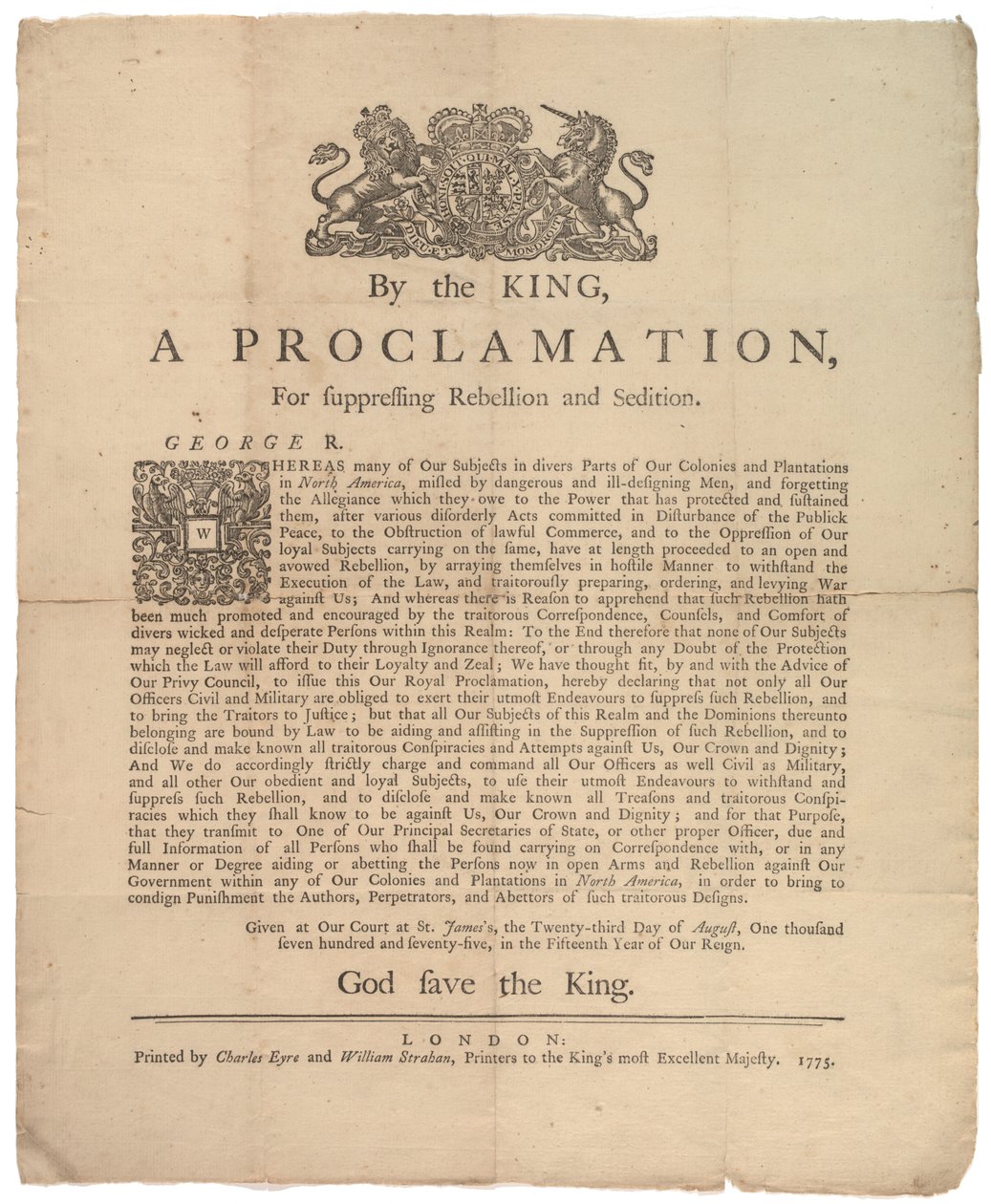 宣告叛乱的宣言......，1775年8月23日 作者 英国学校