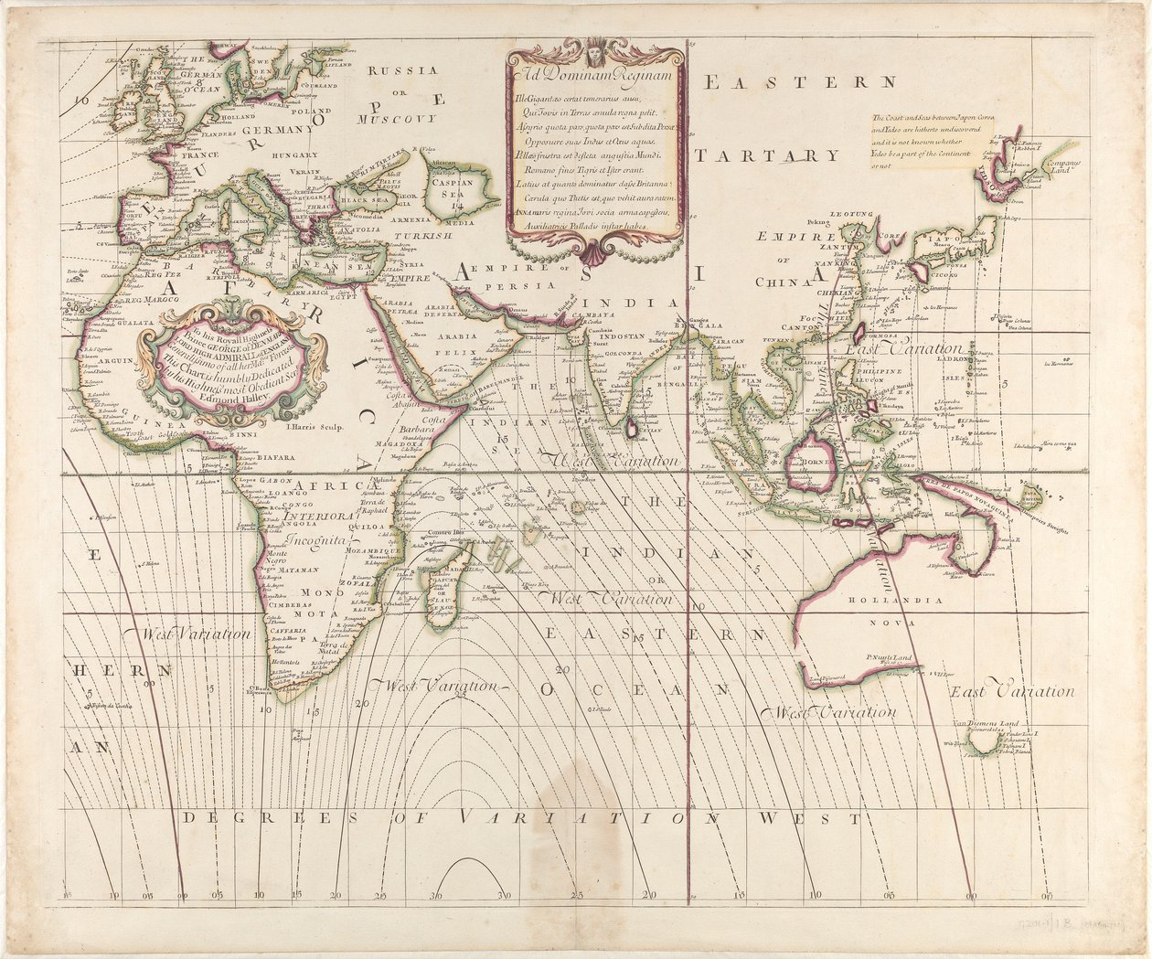 全新、正确的全球海图，显示 1700 年发现的罗盘变化情况 作者 英国学校