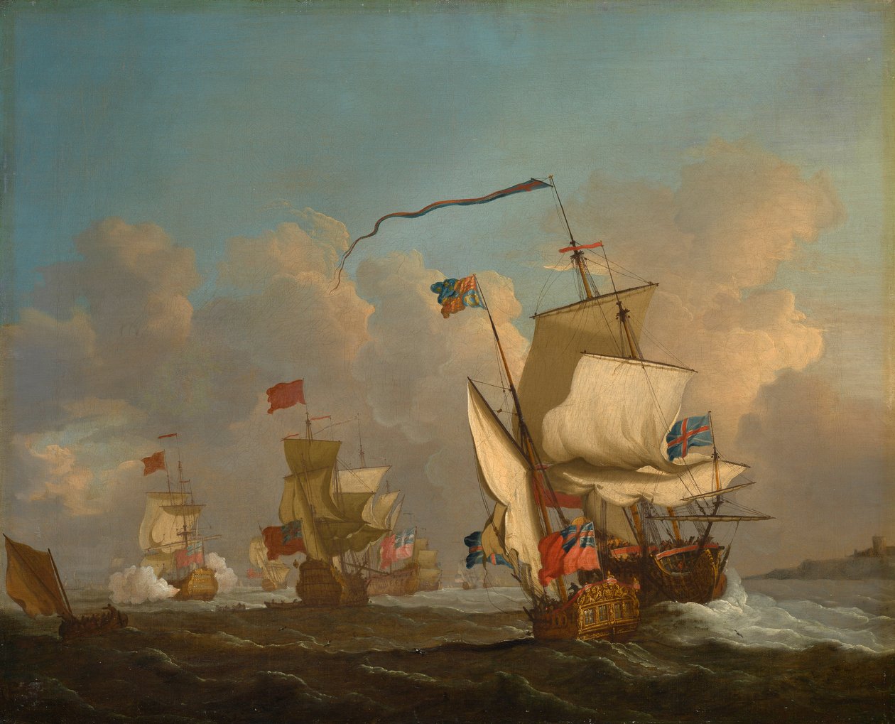 一艘皇家游艇与一支舰队在微风中起航，约 1720 年（布面油画） 作者 英国学校