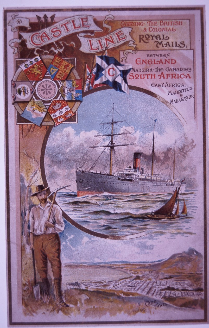 城堡线小册子，附有 1898 年从开普敦航行至伦敦的坦塔隆城堡乘客名单（彩色平版印刷） 作者 英国学校