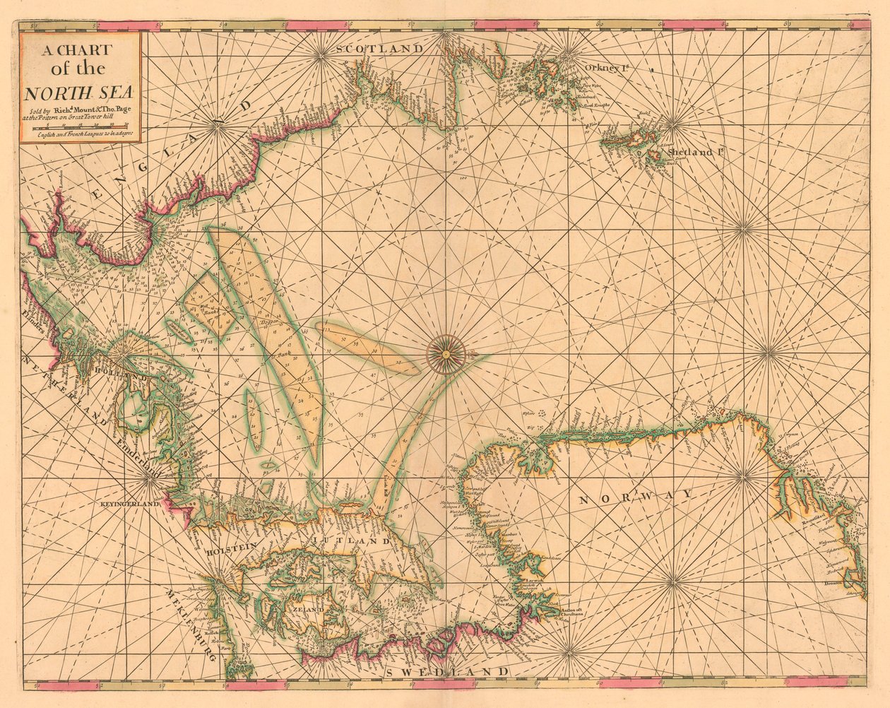 北海海图：挪威至多佛尔海峡，约 1700 年（彩色雕刻） 作者 英国学校