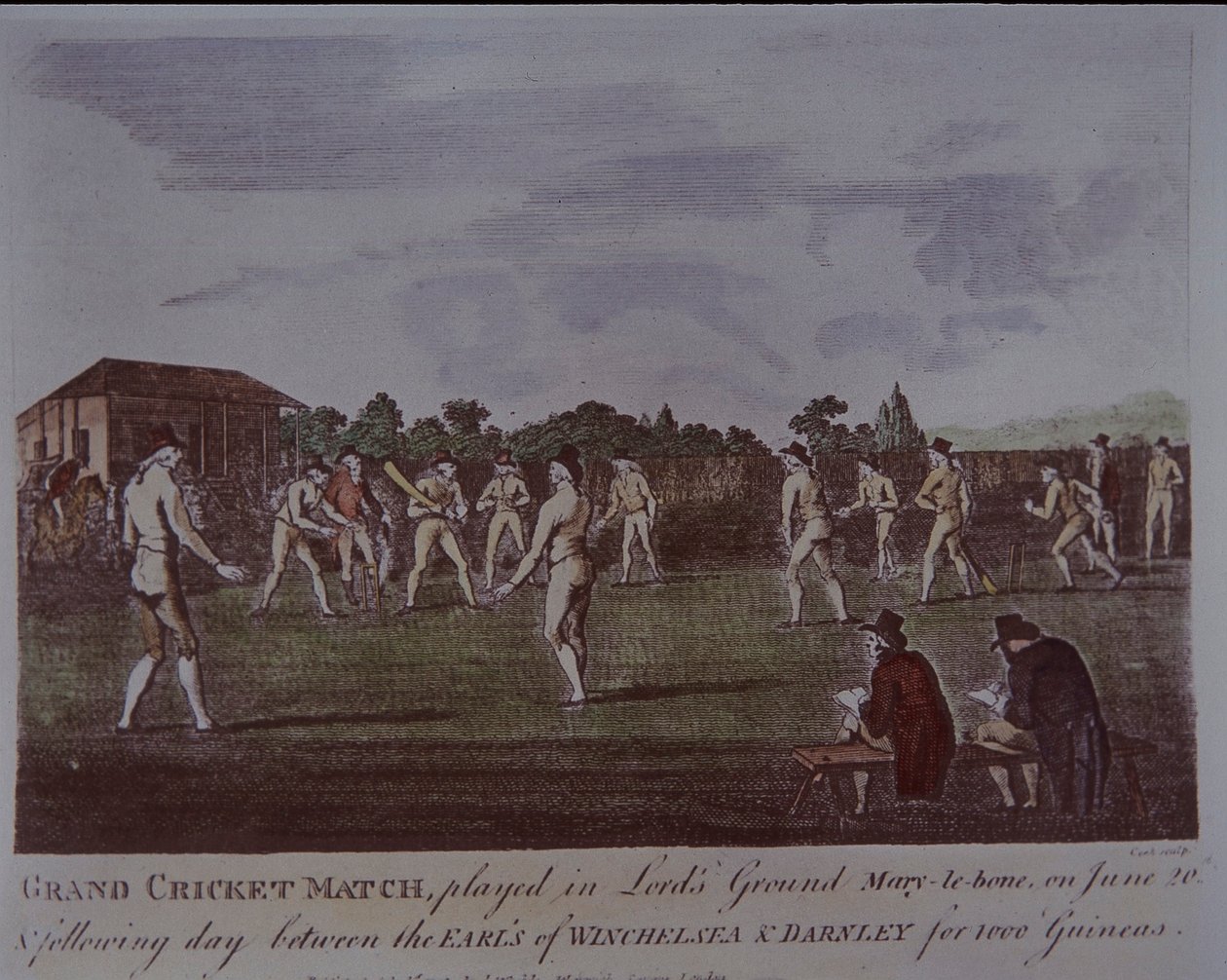 1793年6月在勋爵球场举行的板球比赛（彩色版画）。 作者 英国学校