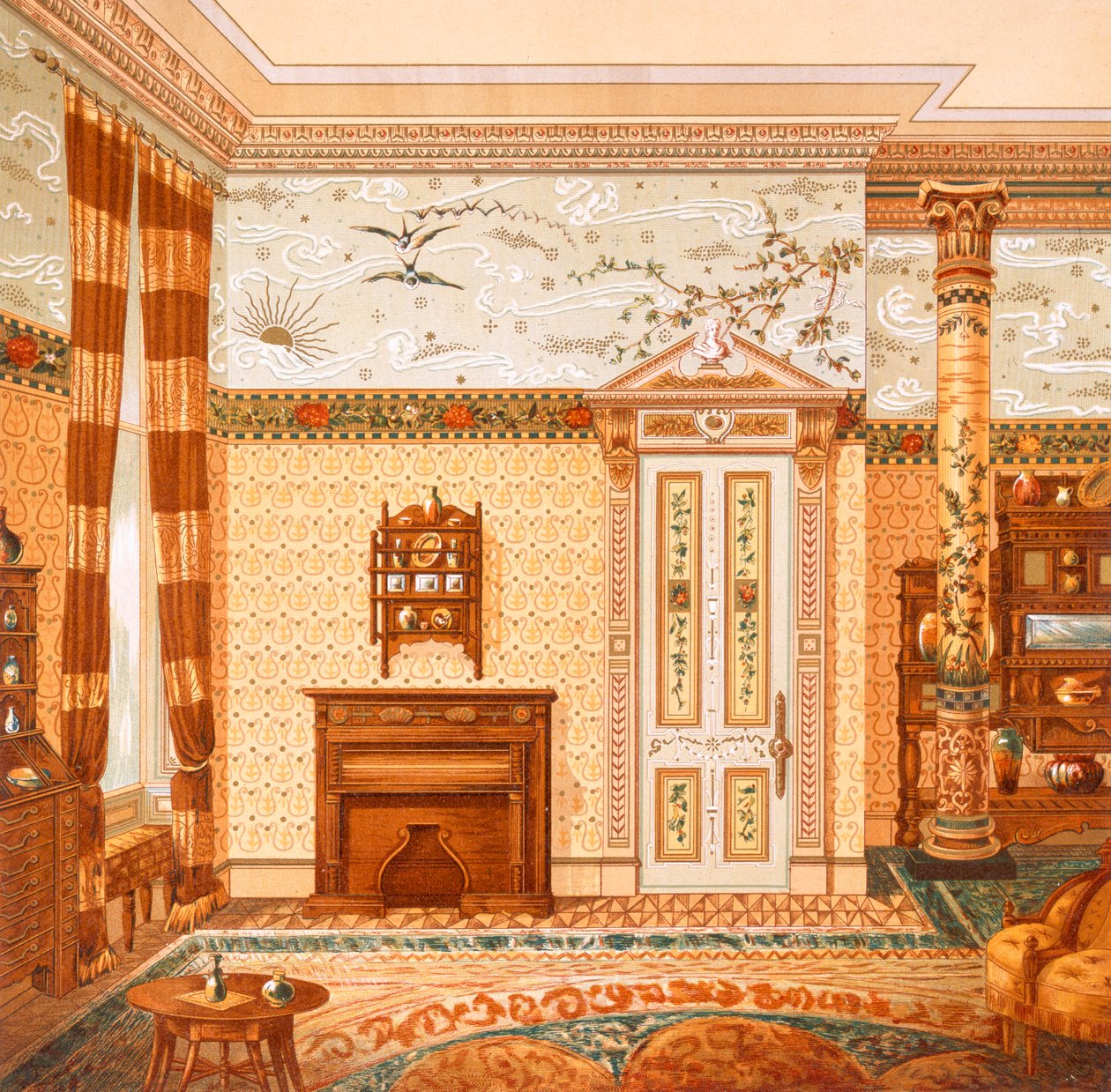 美观的室内设计，来自“McCulloch & Gow 设计的室内装饰”，1880 年代出版（彩色平版印刷） 作者 英国学校