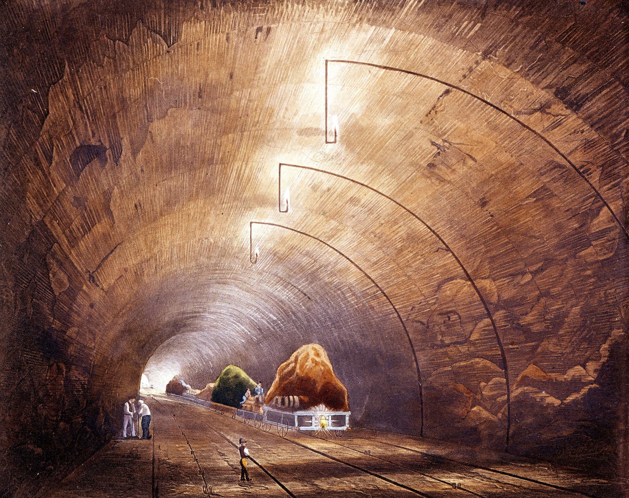 工业革命：曼彻斯特-利物浦铁路线上的铁路隧道。图片取自 1832 年伦敦出版的《利物浦和曼彻斯特铁路》。 作者 英国学校