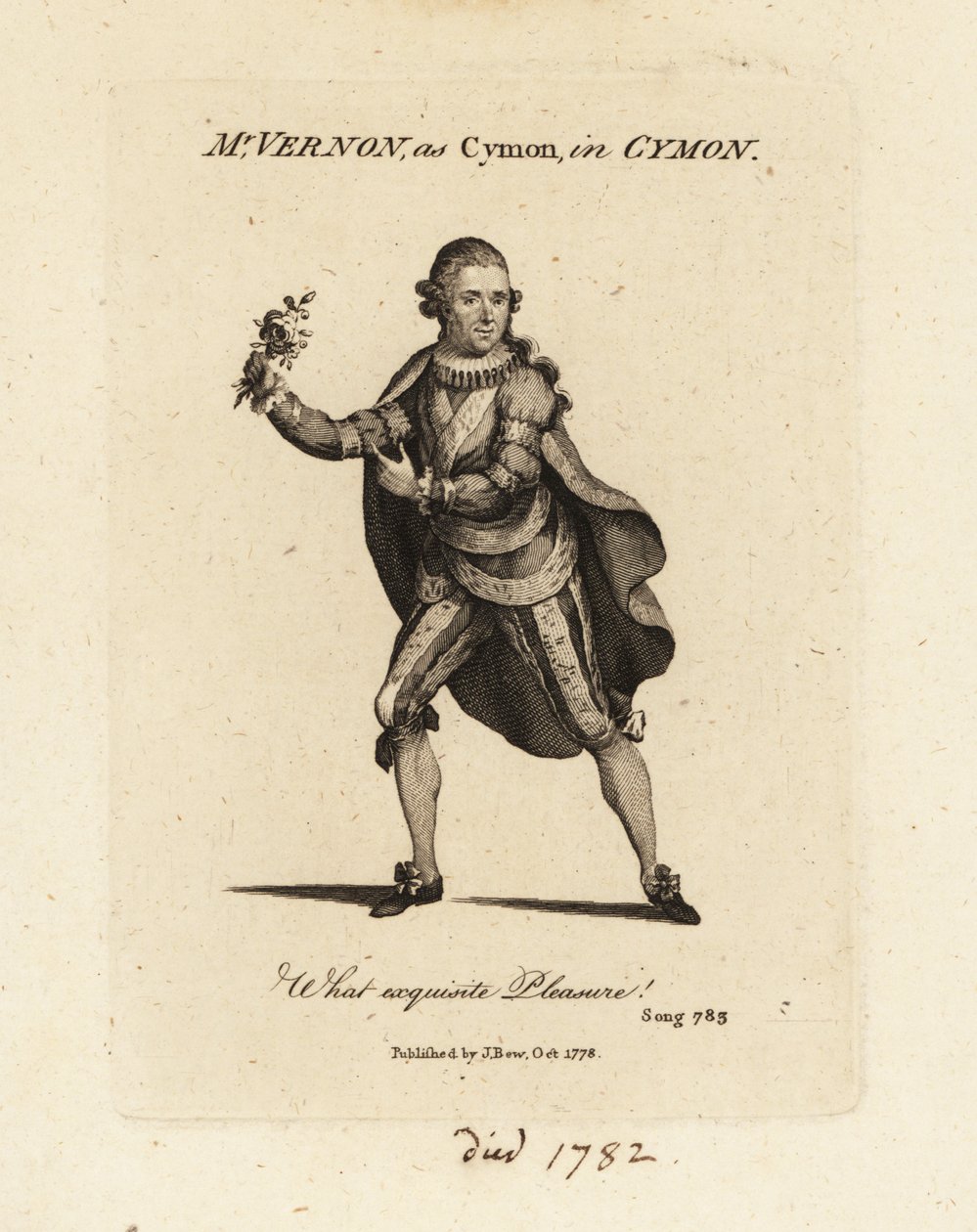 Joseph Vernon 夫人饰演 Cymon，演唱 Thomas Arne 的康塔塔 Cymon 和 Iphigenia 作者 英国学校