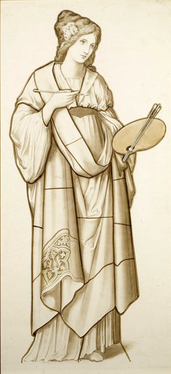 绘画缪斯 - 彩色玻璃卡通，c.1890（纸上水彩） 作者 英国学校